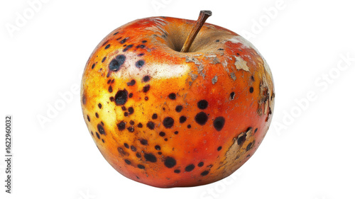 Red and yellow apple with black spots on an transparent background