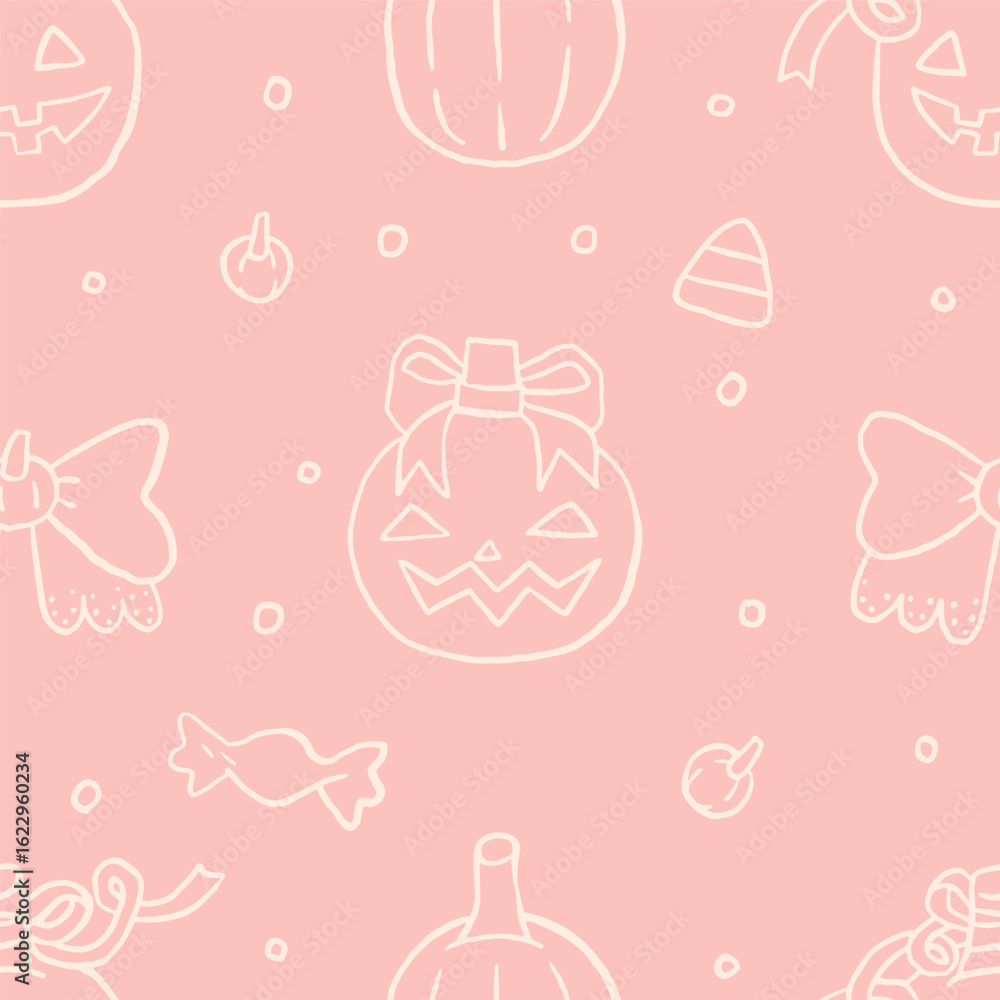 Obraz premium Halloween pink coquette pumpkins with bows, vector seamless pattern. Autumn holiday wallpaper, wrapping paper, scrapbooking, background, textile prints, stationary. Girly coquette Halloween background
