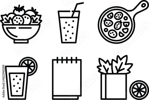 Salad Bowl, Soda Glass, Diary, Pizza Pan, Orange Juice, Lettuce Line Icon Set