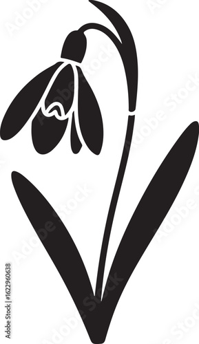 Minimalist black silhouette of a single drooping snowdrop flower with leaves