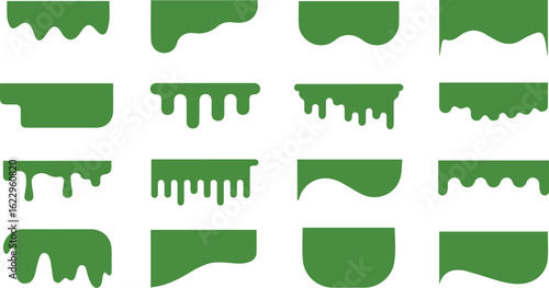 Green dripping slime and melting paint borders collection Flat vector graphic elements set for design
