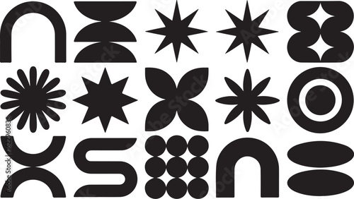 Set of bold black abstract geometric shapes Minimalist brutalist figures stars flowers and symbols