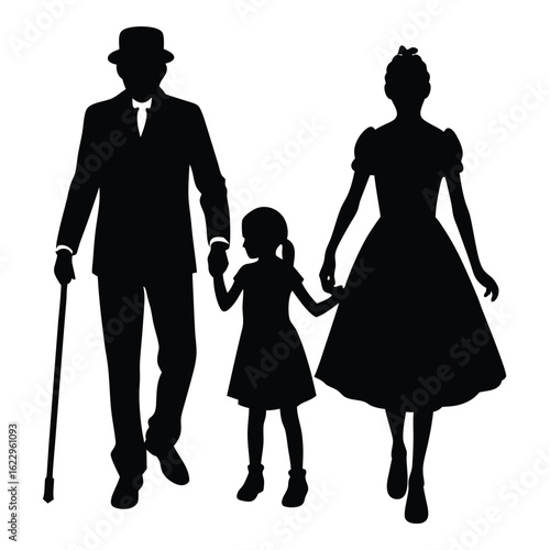 Family stroll black silhouette parents child