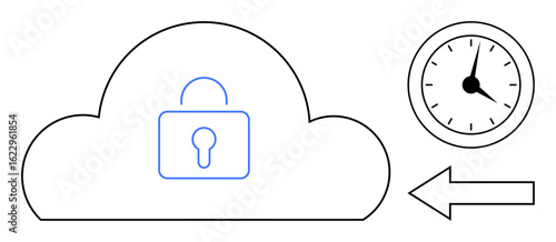 Cloud with padlock symbolizing security, clock indicating time, and left arrow for data recovery. Ideal for cybersecurity, cloud storage, backup, time tracking, technology, encryption simple flat