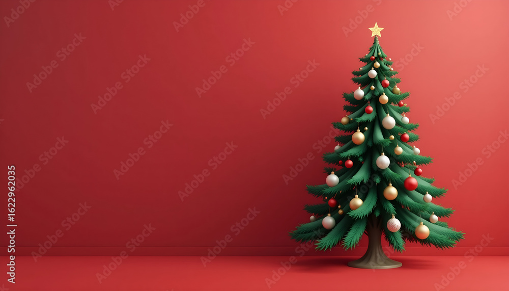 3D Render Traditional Christmas Tree with Baubles on Red Background for Holiday Advertisements, Commercial Use 3D Render Traditional Christmas Tree with Baubles on Red Background for Holiday Advertisements, Commercial Use