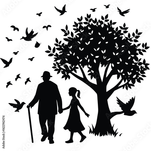 Grandfather and granddaughter walking with birds holding hands