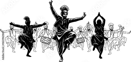 Energetic bhangra dance silhouette vector illustration for cultural event
