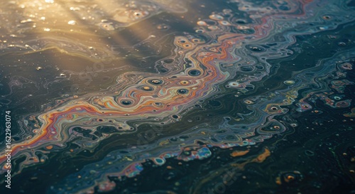 Iridescent Oil Slick: Abstract Rainbow Patterns on Dark Water Surface with Golden Light
