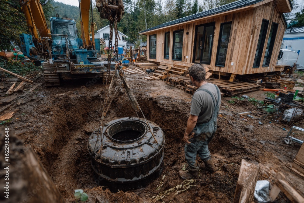 Worker overseeing the installation of a septic tank system on a muddy construction site near a new wooden house Worker overseeing the installation of a septic tank system on a muddy construction site near a new wooden house