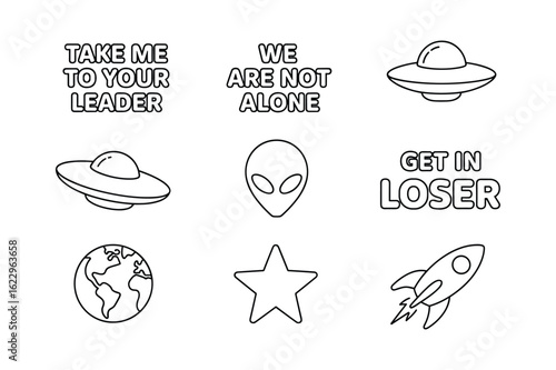 Alien invasion and space travel illustrations line art spaceship