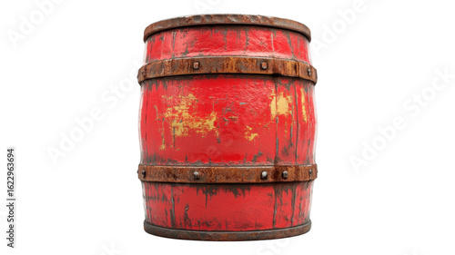 Old red wooden barrel with rusted metal bands in an transparent background setting