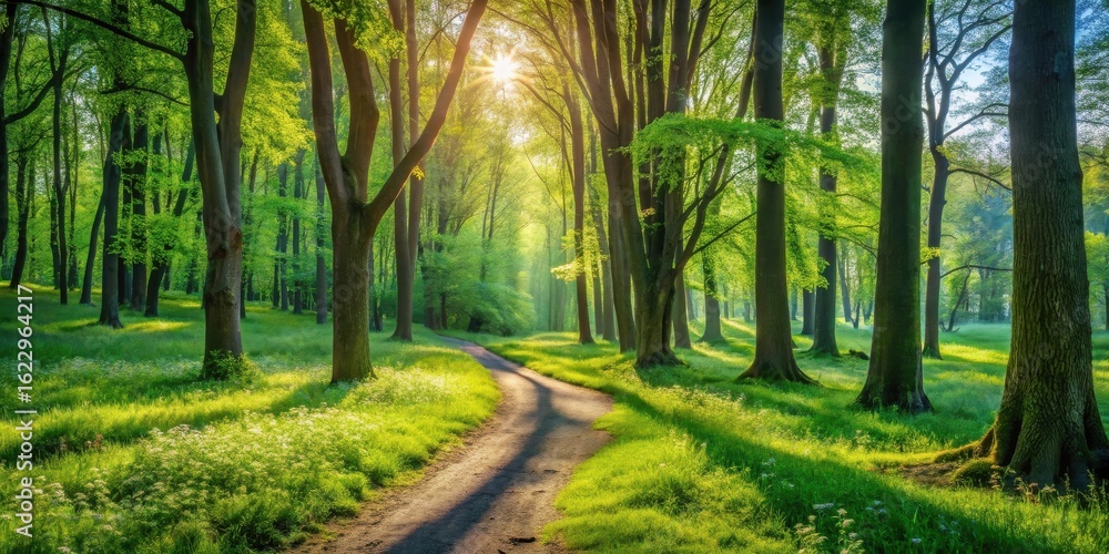 Obraz premium Sunlit Pathway Winding Through a Verdant Forest of Majestic Trees, Bathed in the Golden Hues of Dawn