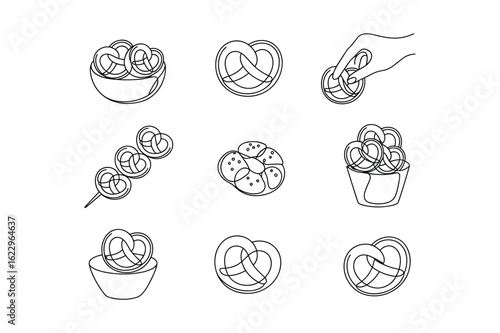 Assorted pretzel illustrations in simple line art food snack