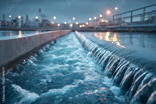 Clean water flowing in filtration system of modern wastewater treatment plant at dusk
