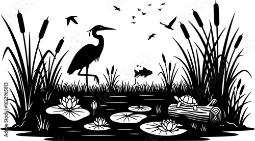 Silhouette of Wetlands Ecosystem with Wildlife and Aquatic Plants
