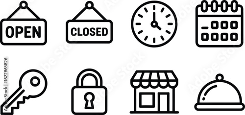 Store Status Icons Open, Closed Signs, Clock, Calendar, Key, Lock, Shop, and Meal Cover