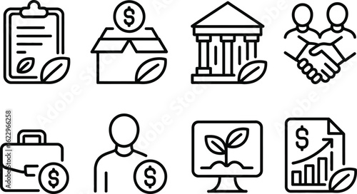 Sustainable Business Outline Icons Clipboard, Box, Bank, Handshake, Briefcase, Person
