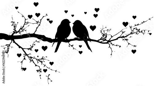 Love Birds on a Tree Branch with Hearts Silhouette

