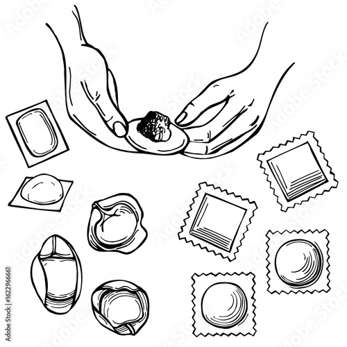 Hands making ravioli.  Vector sketch  illustration.