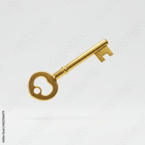 Minimal golden key floating on white background