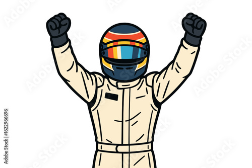 Vector illustration of a racing driver celebrating victory with arms raised
