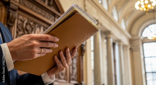 Hands hold a file in an ornate building with pillars and detailed woodwork