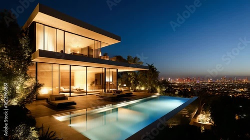 Modern Luxury Villa with Infinity Pool and City View at Night Time Lapse Progression