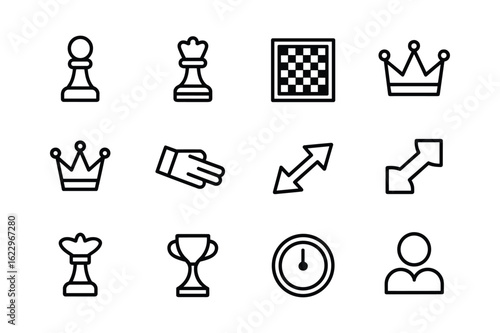 Chess pieces and game elements icons line art pawn king