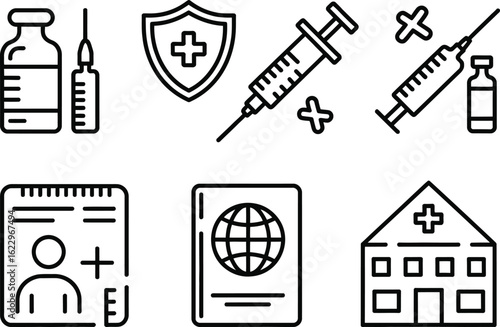 Vaccination Icons Set Syringe, Bottle, Shield, Passport, Vaccine Card, Hospital