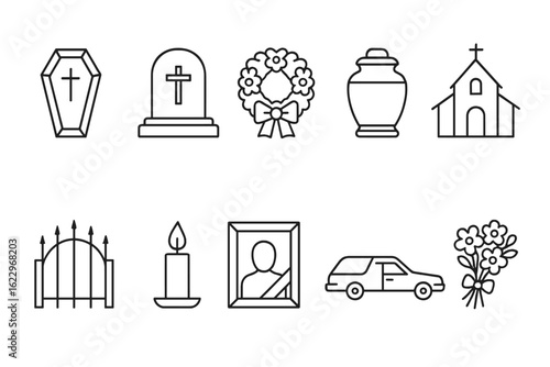 Funeral, memorial linear icon set. commemorative services icons outline collection