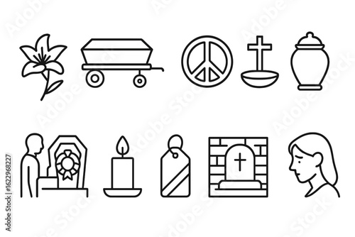Funeral and memorial linear icon set. flowers, peace, and tributes in line art