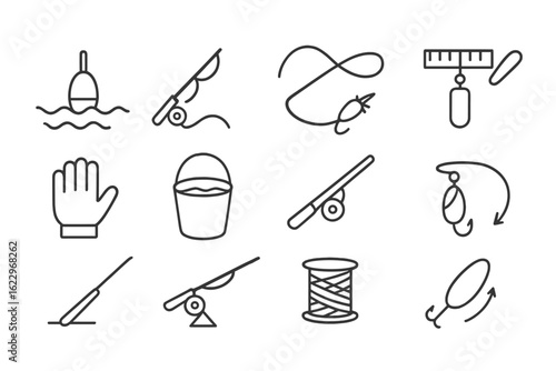 Fishing gear line icon set. rods, hooks, and bait outline design collection