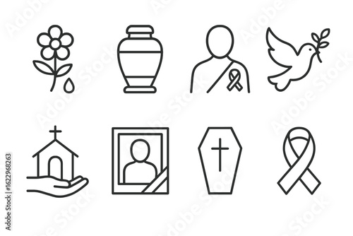Memorial and funeral outline icon set. symbols of remembrance and tribute