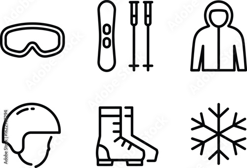 Winter Sport Equipment Outline Icons Snowboard Goggles Jacket On Transparent Background