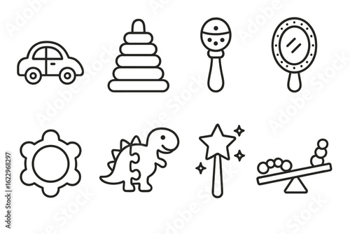 Baby toys line icon set. simple and playful infant objects in outline style