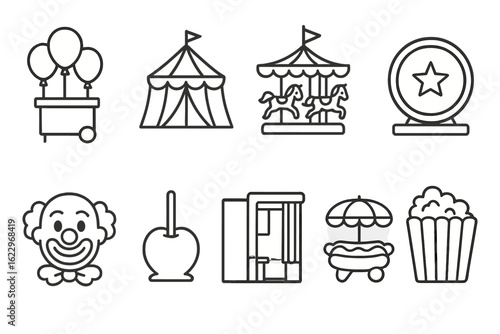 Carnival and fairgrounds outline icon set. festive and amusement symbols collection