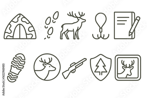 Hunting and camping outline icon set: wildlife, adventure, equipment essentials icons