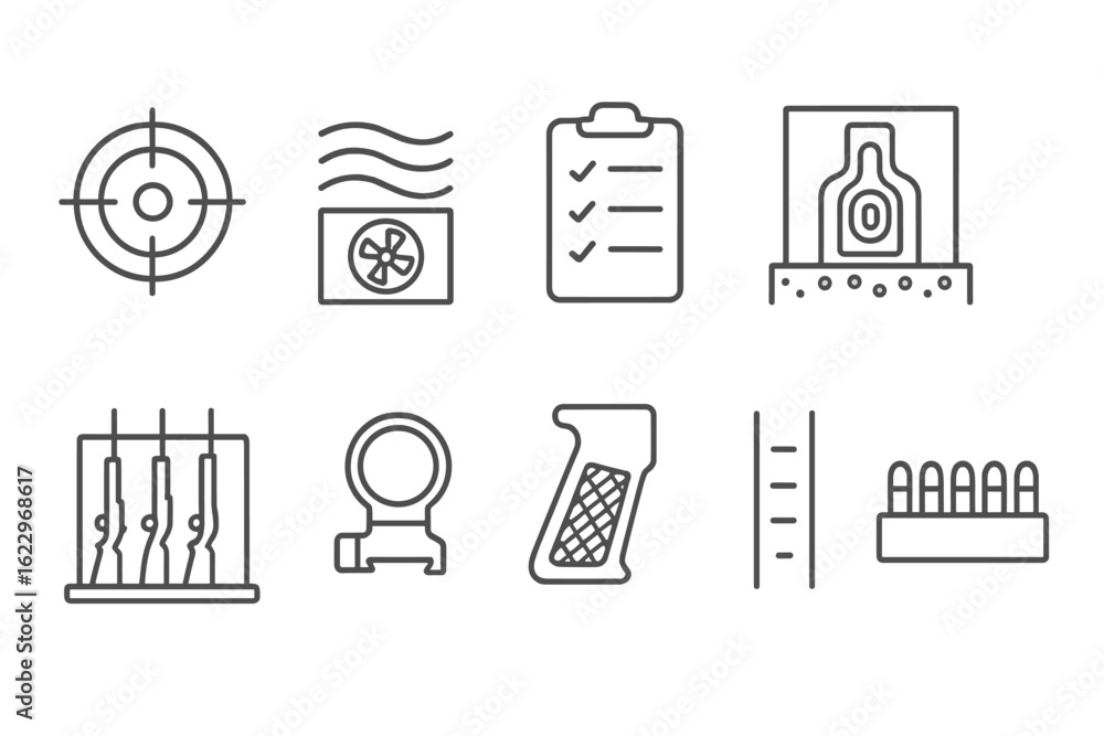 Fototapeta premium Target shooting outline icon set. range, firearm, precision, practice symbols