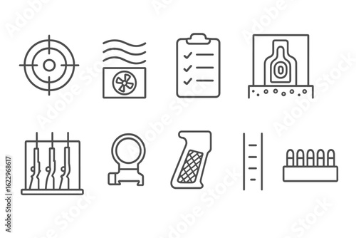 Target shooting outline icon set. range, firearm, precision, practice symbols