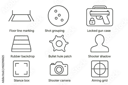 Shooting range outline icon set. target practice, safety icons linear collection