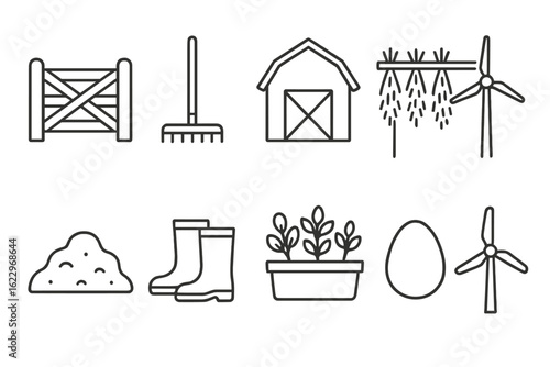 Farm and agriculture outline icon set. farming tools, animals, and plants outline collection
