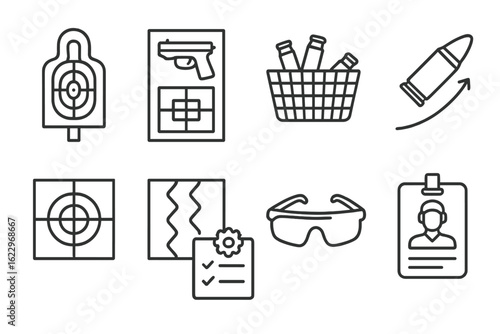 Shooting, target practice icon set. weapons, range linear icons collection
