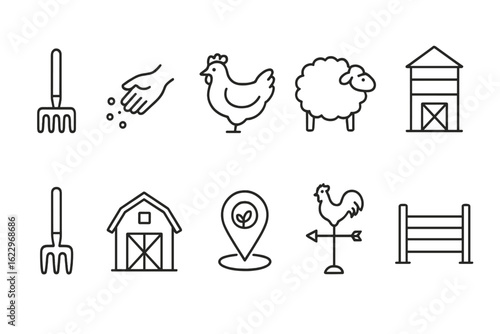 Farm, agriculture outline icon set. barn, animal, crop icons in linear style