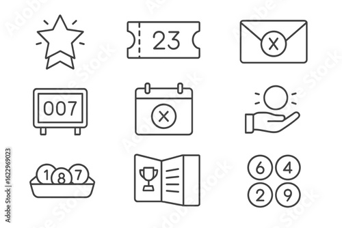 Lottery, raffle outline icon set. ticket, number, prize, game icons in outline style