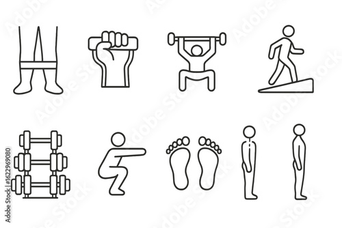 Fitness and exercise line icon set. workout, strength, training illustrations outline