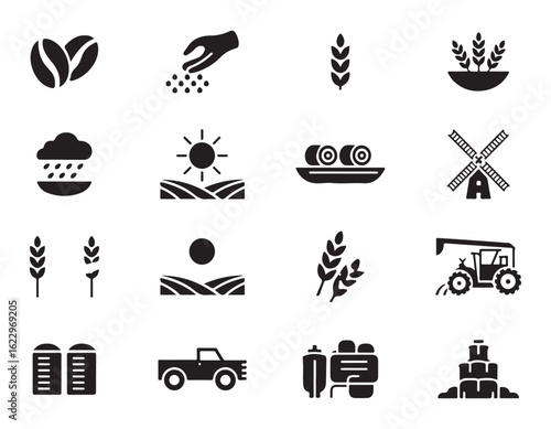 Collection of Farming and Agriculture Icons Depicting Various Stages of Crop Production and Rural Activities Black and White Illustration