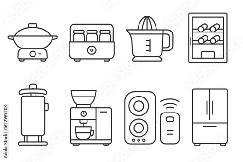 Kitchen appliance line icon set. essential cooking and baking tools outline collection