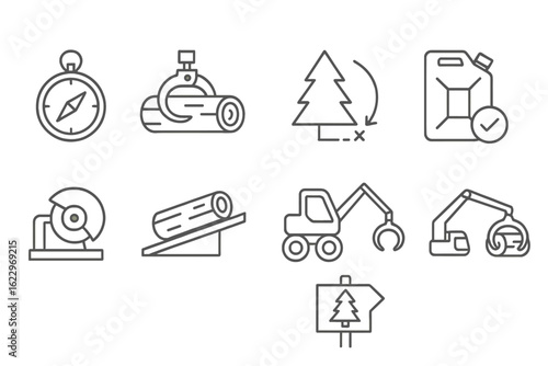 Forestry and logging outline icon set. trees, equipment, sawmill tools collection
