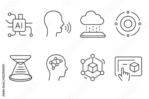 Ai, technology line icon set: neural networks and data science icons