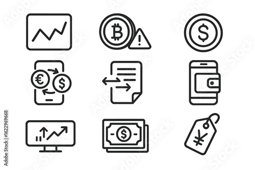 Finance, cryptocurrency outline icon set. economic, currency, banking line icons collection